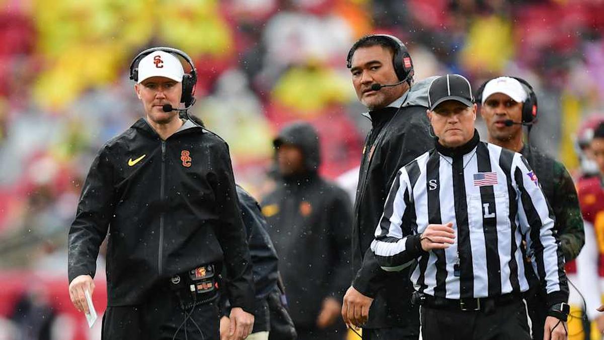  Nov 15, 2025; Los Angeles, California, USA; Southern California Trojans head coach Lincoln Riley watches game action against the Iowa Hawkeyes during the first half at the Los Angeles Memorial Coliseum. Mandatory Credit: Gary A. Vasquez-Imagn Images | Gary A. Vasquez-Imagn Images 
