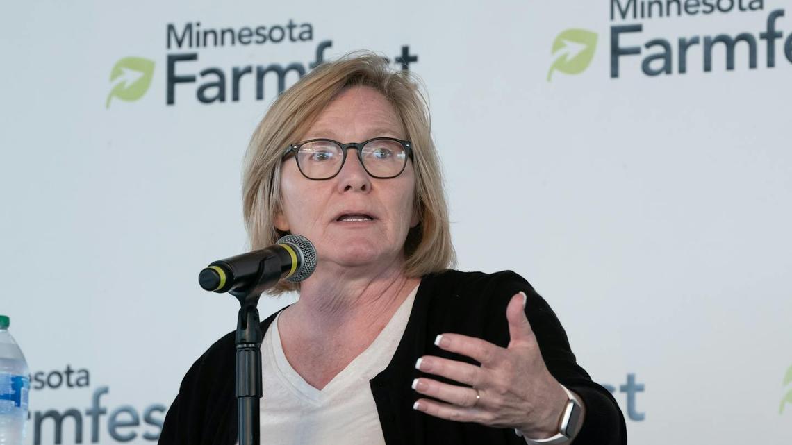 U.S. Rep. Michelle Fischbach, R-Minn., speaks on a panel on the future of agricultural policy at Farmfest 2021. (Glen Stubbe/Minnesota Star Tribune/TNS)