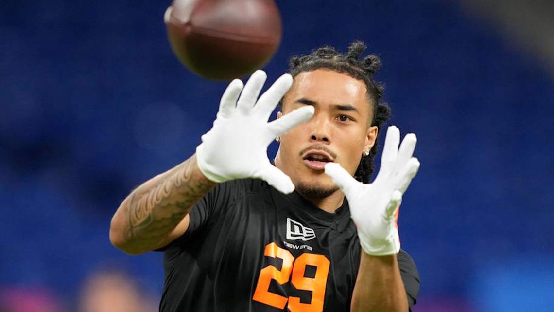  Feb 28, 2026; Indianapolis, IN, USA; Southern California wideout Makai Lemon (WO29) during the NFL Scouting Combine at Lucas Oil Stadium. Mandatory Credit: Kirby Lee-Imagn Images | Kirby Lee-Imagn Images 