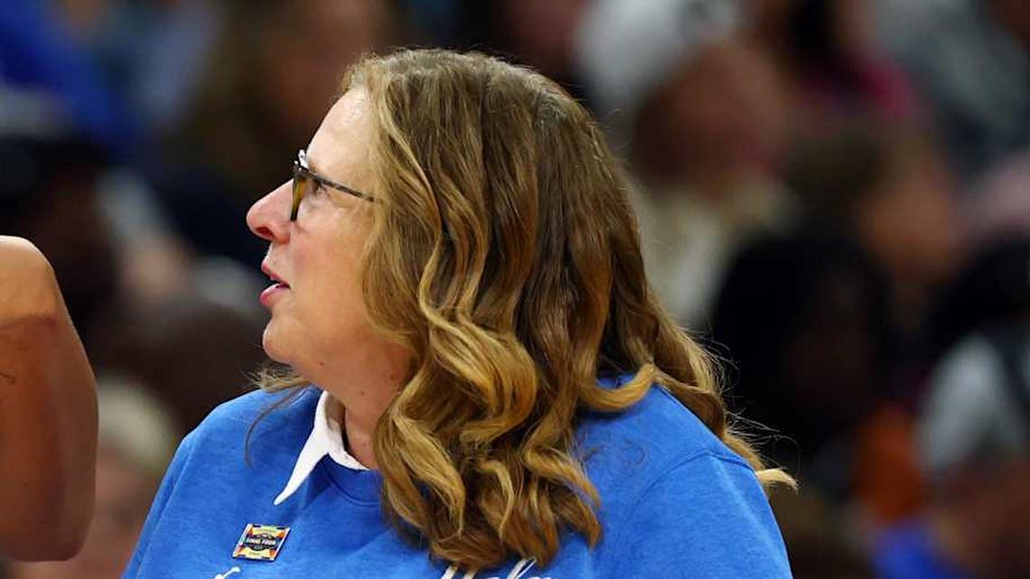  Apr 5, 2026; Phoenix, AZ, USA; UCLA Bruins forward Sienna Betts (16) with head coach Cori Close against the South Carolina Gamecocks during the National Championship game of the women's 2026 NCAA Tournament at Mortgage Matchup Center. Mandatory Credit: Mark J. Rebilas-Imagn Images | Mark J. Rebilas-Imagn Images 
