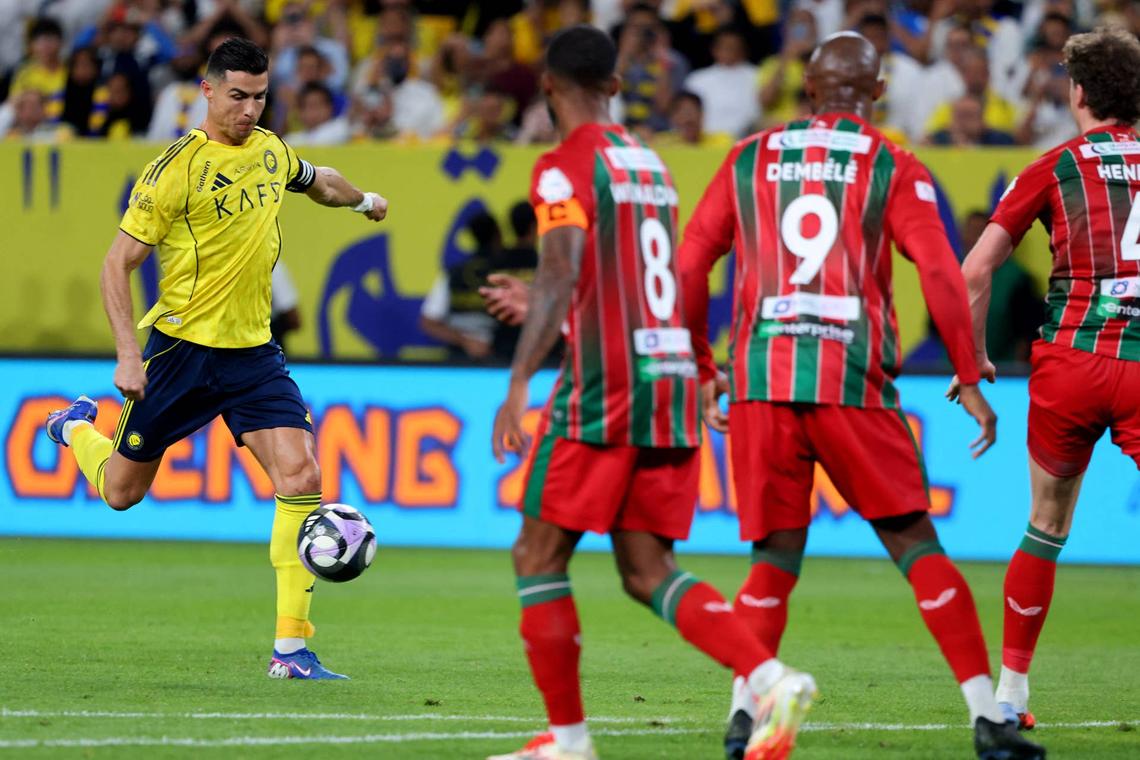  Nassr's Portuguese forward #07 Cristiano Ronaldo shoots the ball during the Saudi Pro League football match between Al-Nassr and Al-Ettifaq at the Al-Awwal Park Stadium in Riyadh on April 15, 2026. (Photo by Fayez Nureldine / AFP via Getty Images) Photo by Fayez Nureldine / AFP via Getty Images