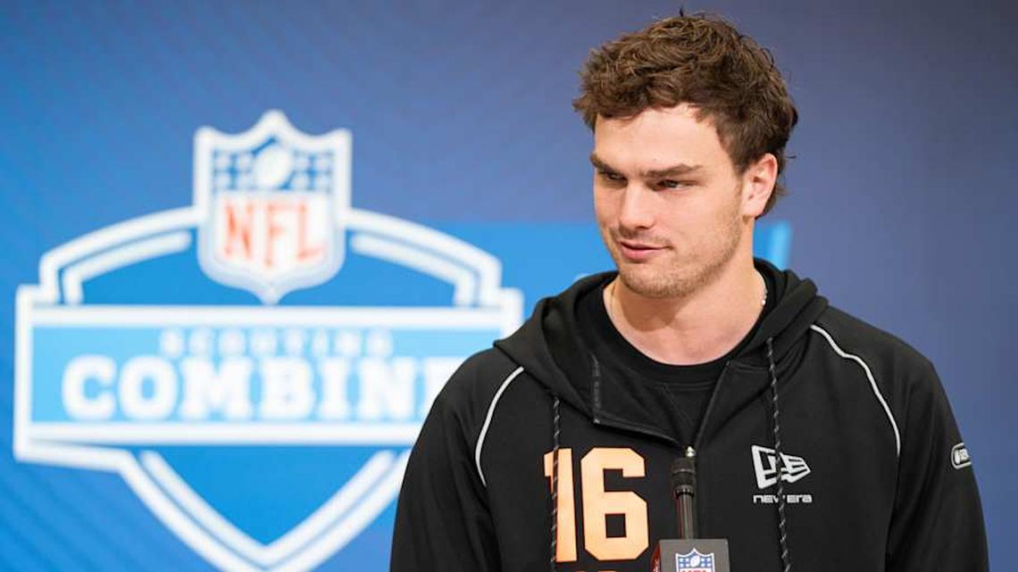  Feb 27, 2026; Indianapolis, IN, USA; Baylor quarterback Sawyer Robertson (QB16) speaks to members of the media during the NFL Combine at the Indiana Convention Center. Mandatory Credit: Jacob Musselman-Imagn Images | Jacob Musselman-Imagn Images 