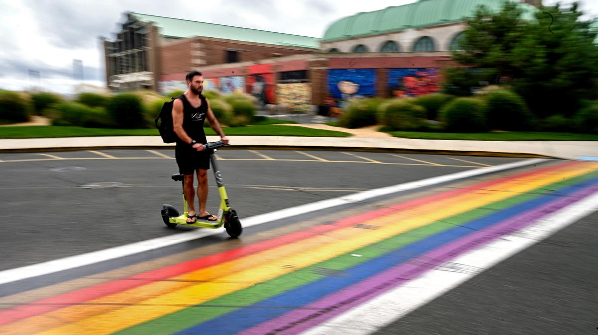 Pride rainbow on the street in Asbury Park, New Jersey, on Aug. 28, 2023, near the end of the summer and the weirdness and wonderfulness and diversity of the beach and boardwalk.