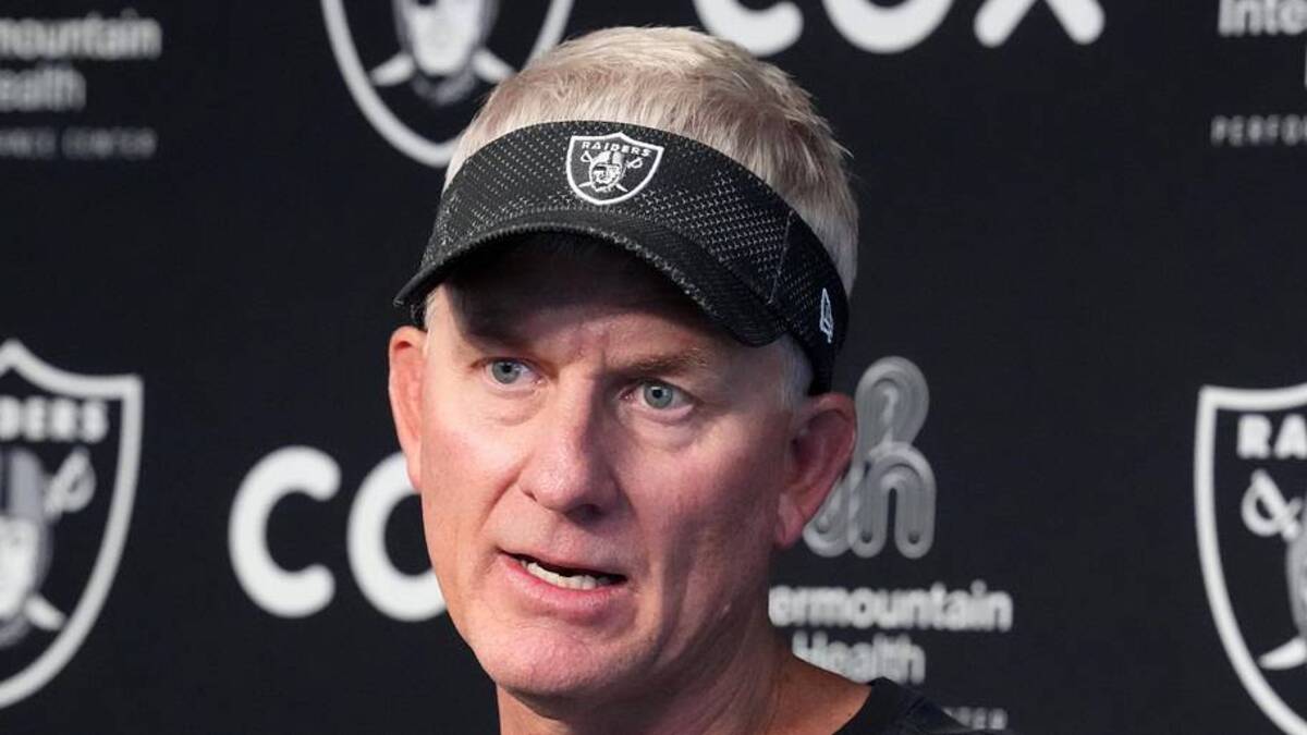  Jun 9, 2026; Henderson, NV, USA; Las Vegas Raiders assistant head coach Mike McCoy at press conference at the Intermountain Health Performance Center. Mandatory Credit: Kirby Lee-Imagn Images | Kirby Lee-Imagn Images 