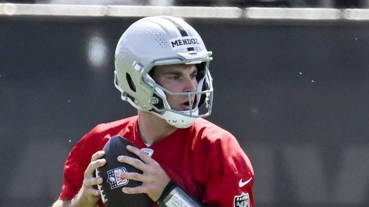  Jun 3, 2026; Henderson, NV, USA; Las Vegas Raiders quarterback Fernando Mendoza (15) runs a drill during organized team activities at Intermountain Health Performance Center. Mandatory Credit: Candice Ward-Imagn Images | Candice Ward-Imagn Images 