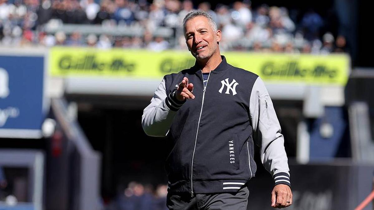  Mar 27, 2025; Bronx, New York, USA; New York Yankees former pitcher Andy Pettitte reacts after throwing out the ceremonial first pitch before an opening day game against the Milwaukee Brewers at Yankee Stadium. Mandatory Credit: Brad Penner-Imagn Images | Brad Penner-Imagn Images 