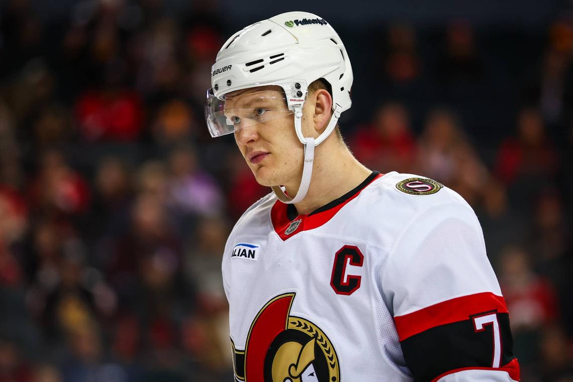  Ottawa Senators left wing Brady Tkachuk (7) during a stoppage of play. Sergei Belski-Imagn Images