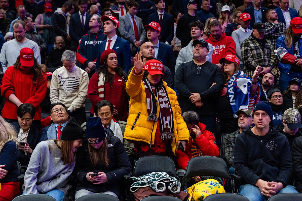 FILE -- Supporters pray during an Inauguration Day watch-party for President Donald Trump at the Capital One Arena in Washington, on Monday, Jan. 20, 2025. The nine-hour prayer event will feature speakers from President Trump's cabinet and a program that connects the nation's founding with Christianity. (Eric Lee/The New York Times)