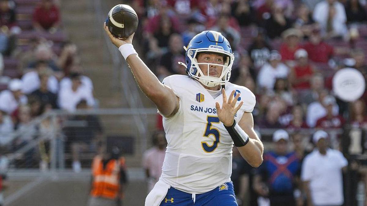  Sep 27, 2025; Stanford, California, USA; San Jose State Spartans quarterback Walker Eget (5) throws the football during the first quarter against the Stanford Cardinal at Stanford Stadium. Mandatory Credit: Stan Szeto-Imagn Images | Stan Szeto-Imagn Images 