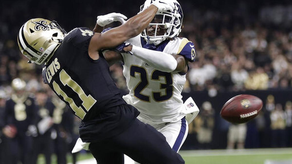 FILE photo: In this Jan. 20, 2019, file photo, Los Angeles Rams’ Nickell Robey-Coleman breaks up a pass intended for New Orleans Saints’ Tommylee Lewis during the second half of the NFL football NFC championship game in New Orleans. The NFL’s competition committee discussed the league’s replay system during its annual meeting in Indianapolis but reached no consensus on possible changes. And it may not recommend any major alterations. Officiating and the use of replays have been under scrutiny since a missed pass interference call and helmet-first hit in the final two minutes of the NFC championship game helped the Los Angeles Rams force overtime and eventually reach the Super Bowl.