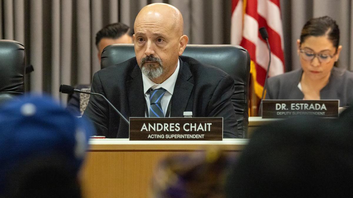 Acting superintendent Andres Chait attends a LAUSD board meeting as a full audience from the Locke, California, charter high school Greendot, which is in danger of not being renewed, on March 10, 2026, in Los Angeles. (Jason Armond/Los Angeles Times/TNS)