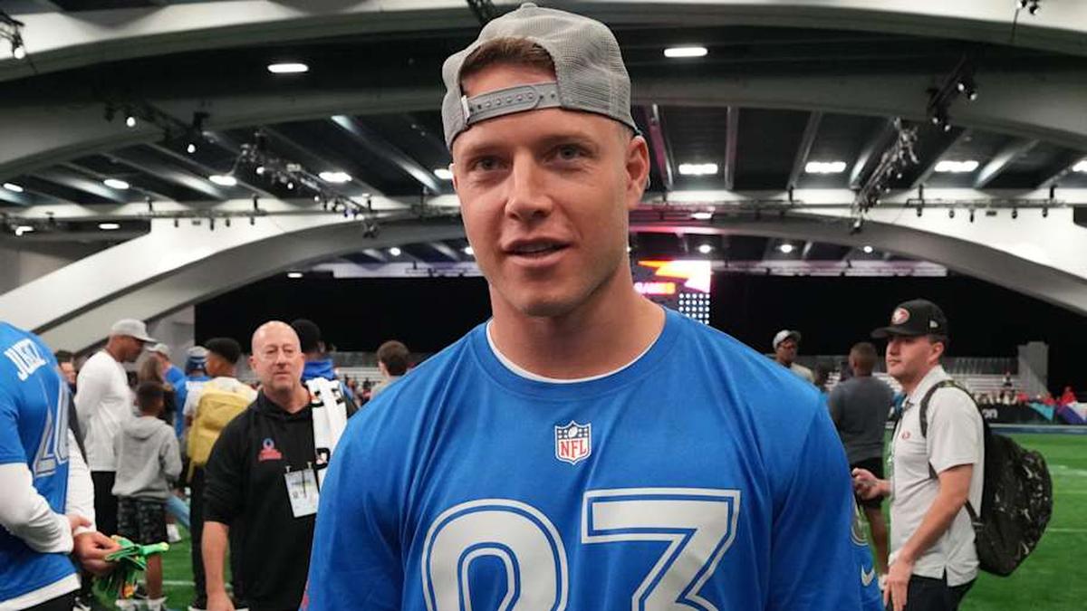  Feb 1, 2026; San Francisco, CA, USA; San Francisco 49ers running back Christian McCaffrey during NFC practice at the Flag Fieldhouse Moscone Center South Building. Mandatory Credit: Kirby Lee-Imagn Images | Kirby Lee-Imagn Images 