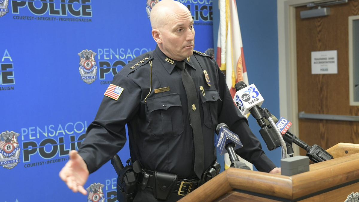 Pensacola Chief of Police Eric Winstrom discusses a shooting July 5, 2026, that left one person dead and six more injured.