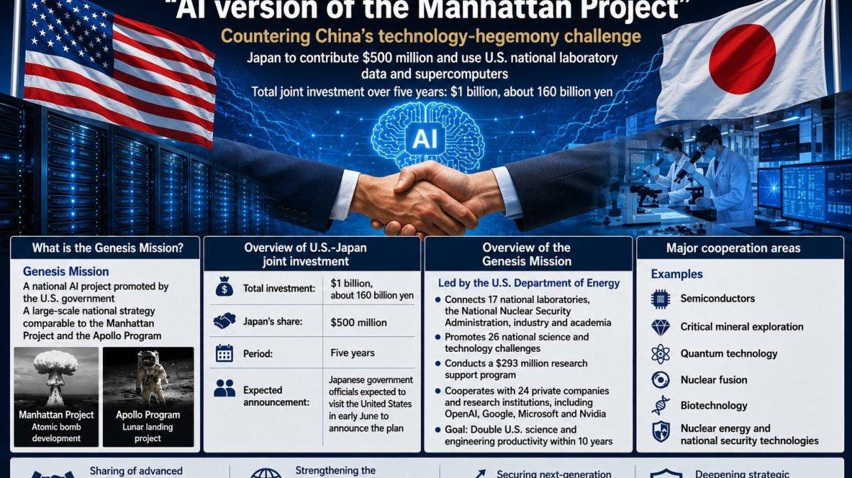 Japan will become the first overseas partner in a major U.S. national artificial intelligence project. The Yomiuri Shimbun reported Monday that the Japanese government has decided to participate in the Genesis Mission, a U.S. national project aimed at using AI to accelerate scientific discovery and technological innovation. Image generated by ChatGPT and translated by UPI