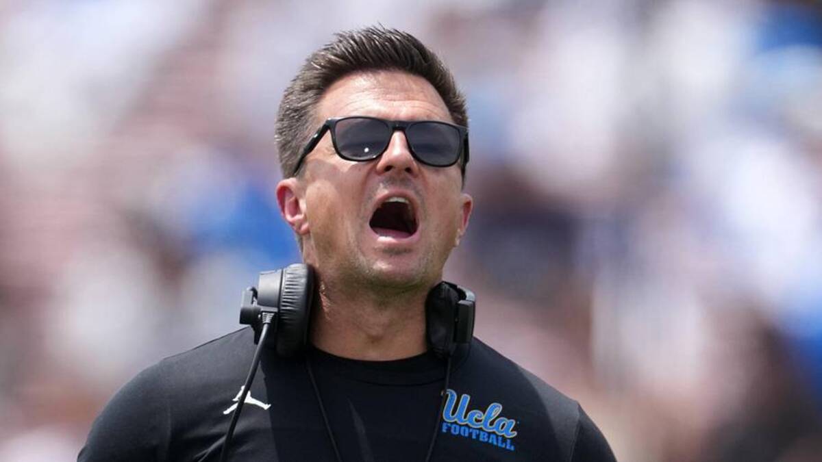  May 2, 2026; Pasadena, CA, USA; UCLA Bruins coach Bob Chesney reacts during the spring game at Rose Bowl. Mandatory Credit: Kirby Lee-Imagn Images | Kirby Lee-Imagn Images 