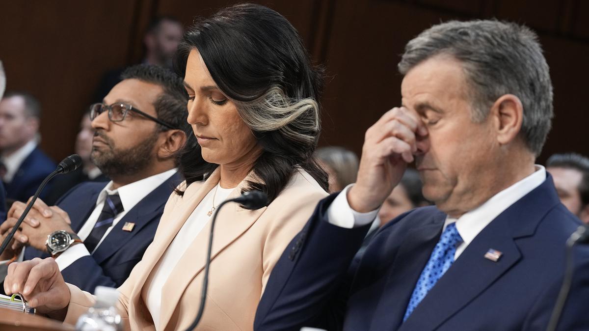 From left to right: FBI Director Kash Patel, Director of National Intelligence Tulsi Gabbard and CIA Director John Ratcliffe, appear during a Senate Committee on Intelligence Hearing on March 25, 2025, in Washington, D.C. (Andrew Harnik/Getty Images/TNS)