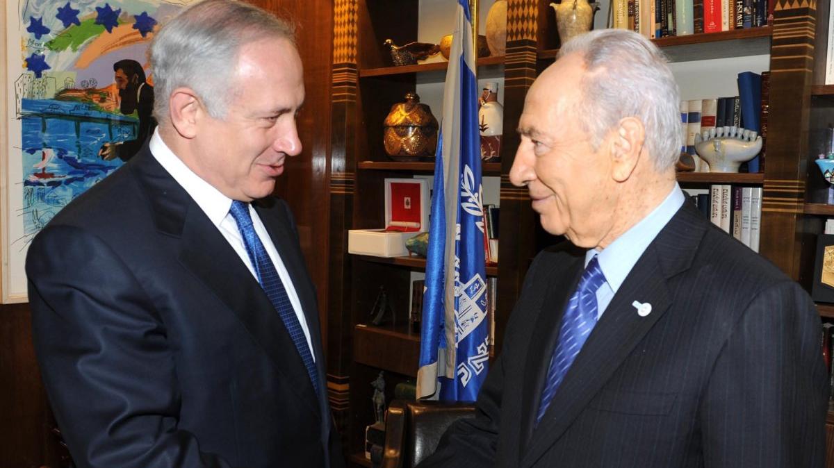 Israeli President Shimon Peres (R) meets Likud Party leader Benjamin Netanyahu in his residence in Jerusalem on February 20, 2009. On May 29, 1996, in Israel's first selection of a prime minister by direct vote, Netanyahu defeated Peres. File Photo by Moshe Milner/UPI