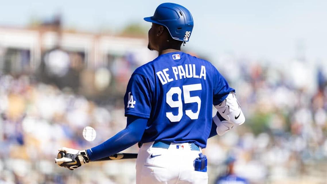  Mar 4, 2026; Glendale, AZ, USA; Detailed view of the jersey of Los Angeles Dodgers outfielder Josue De Paula (95) against Team Mexico during a spring training game at Camelback Ranch. | Mark J. Rebilas-Imagn Images 