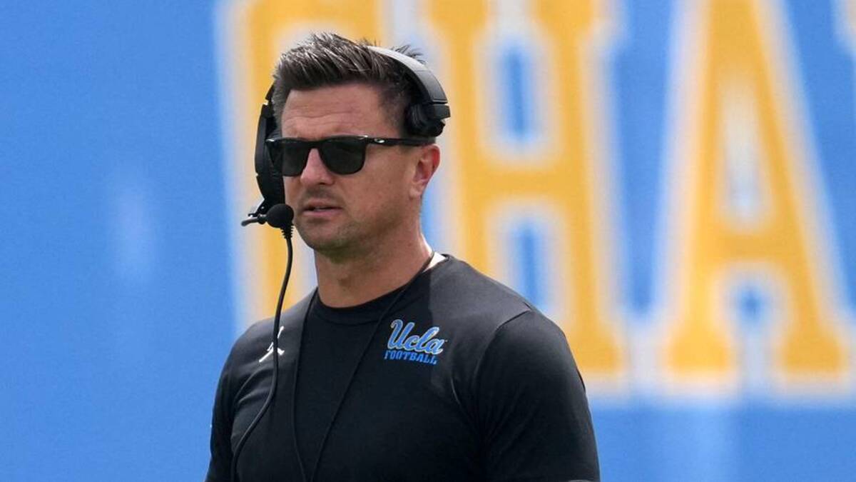  May 2, 2026; Pasadena, CA, USA; UCLA Bruins coach Bob Chesney reacts during the spring game at Rose Bowl. Mandatory Credit: Kirby Lee-Imagn Images | Kirby Lee-Imagn Images 