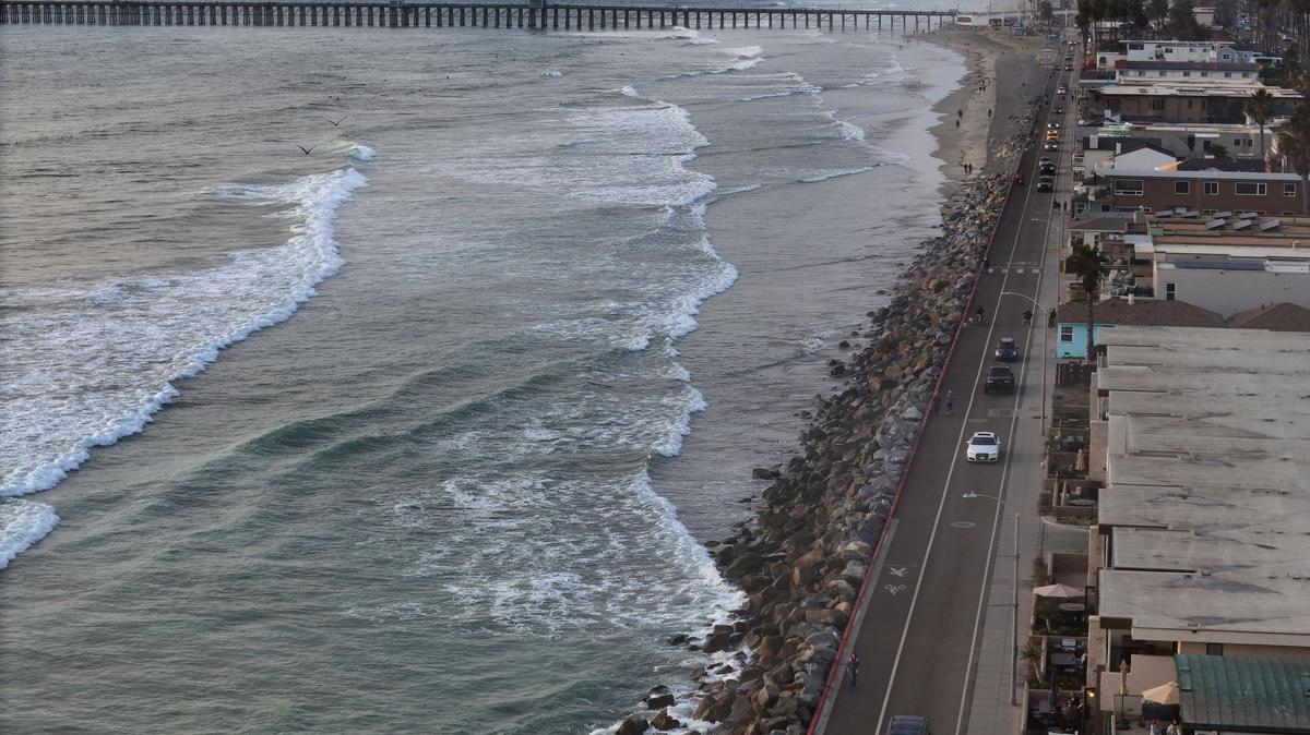 The Oceanside City Council voted for a sand restoration and retention project beach between Tyson Street Park and Wisconsin Avenue. Here, waves break along the coast near The Strand on Sunday, Nov. 24, 2024. (K.C. Alfred / The San Diego Union-Tribune)