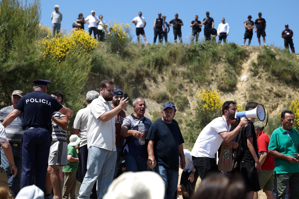 People protest at the Vjosa-Narte protected area where a luxury resort is planned by a company linked with Donald Trump's son-in-law Jared Kushner, near Vlora, Albania, May 30, 2026. REUTERS/Florion Goga