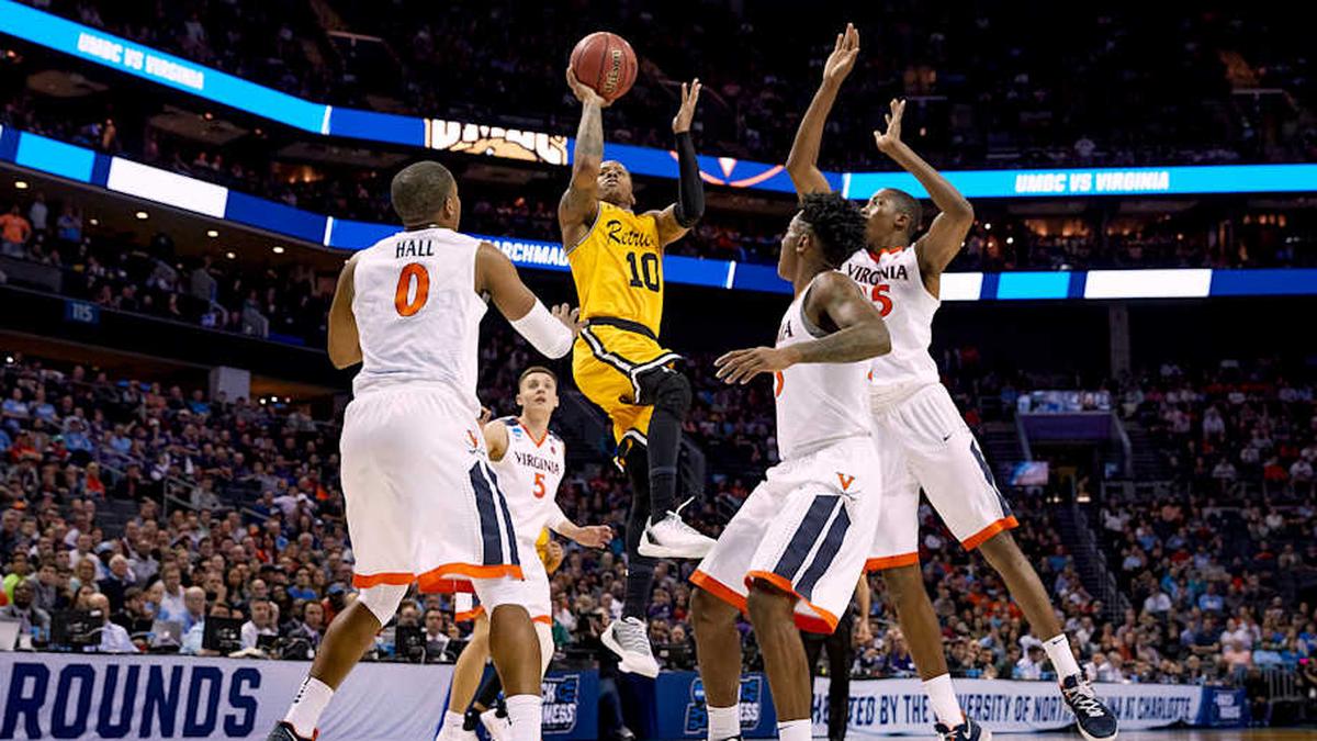  No. 16 seed UMBC's Jairus Lyles shoots against No. 1 Virginia in the 2018 NCAA men's tournament first round. UMBC was the first 16-seed to upset a top seed. | Chris Keane/Sports Illustrated 