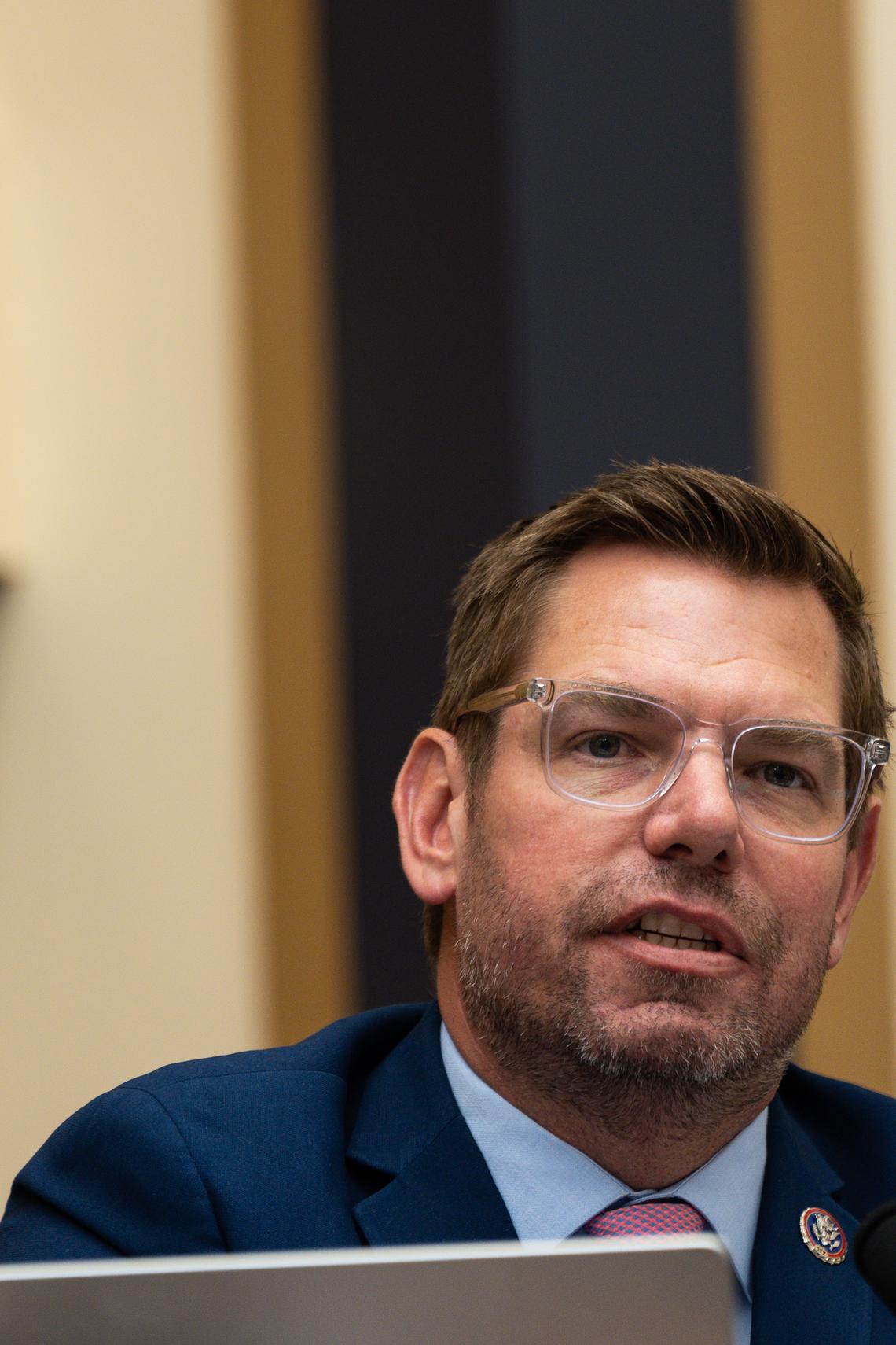 FILE -- Rep. Eric Swalwell (D-Calif.) speaks during a House Judiciary Committee hearing with FBI Director Kash Patel, in Washington, Sept. 17, 2025. Aides to Greg Abbott and Gavin Newsom were weighing whether to call quick elections to replace two House members accused of sexual misconduct. (Tierney L. Cross/The New York Times)