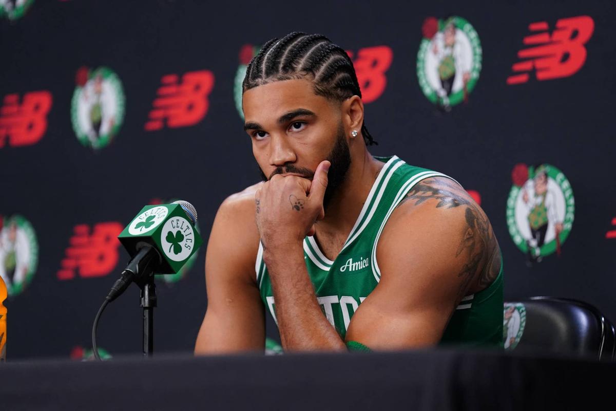  Boston Celtics forward Jayson Tatum talks with reporters. David Butler II-Imagn Images