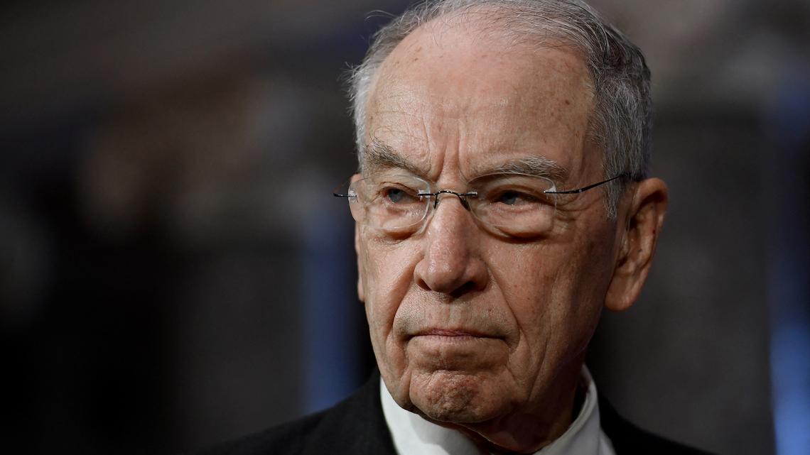 Republican Senator from Iowa Chuck Grassley is ceremonially sworn in by Vice President Kamala Harris for the 118th Congress in the Old Senate Chamber at the U.S. Capitol in Washington, D.C., Jan. 3, 2023. (Olivier Douliery/AFP/Getty Images/TNS)