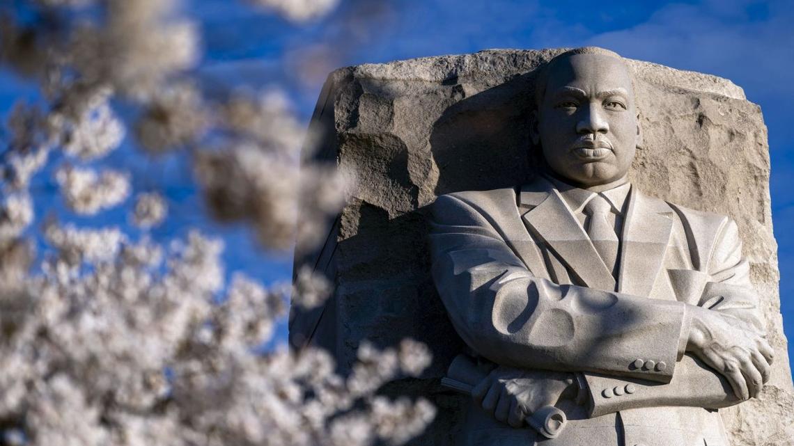 The Martin Luther King Jr. Memorial is seen as cherry blossoms begin to bloom in Washington, D.C., on March 27, 2025. On April 16, 1963, MLK wrote "Letter from Birmingham Jail" while imprisoned in Alabama for protesting segregation. Photo by Bonnie Cash/UPI