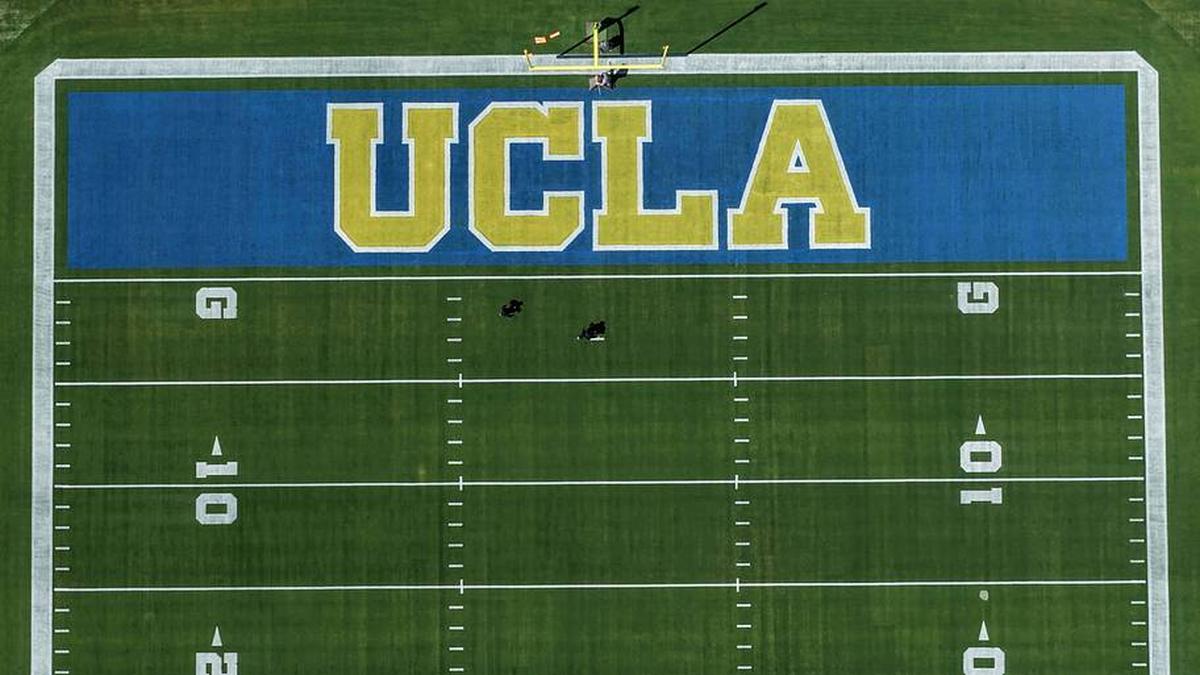  May 2, 2026; Pasadena, CA, USA; A general overall view of the UCLA Bruins logo in the end zone at the Rose Bowl. Mandatory Credit: Kirby Lee-Imagn Images | Kirby Lee-Imagn Images 