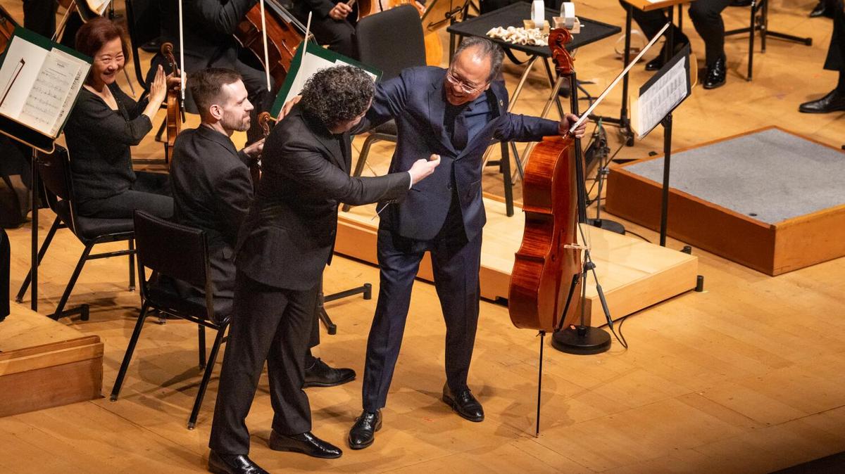 Los Angeles, CA - May 28, 2026 : Gustavo Dudamel enters the stage to conduct his last performance at the Los Angeles Philharmonic with the premiere of Angelica Negron's Mudillo featuring Yo-Yo Ma as soloist on Thursday, May 28, 2026 in Los Angeles, CA. (Jason Armond / Los Angeles Times)