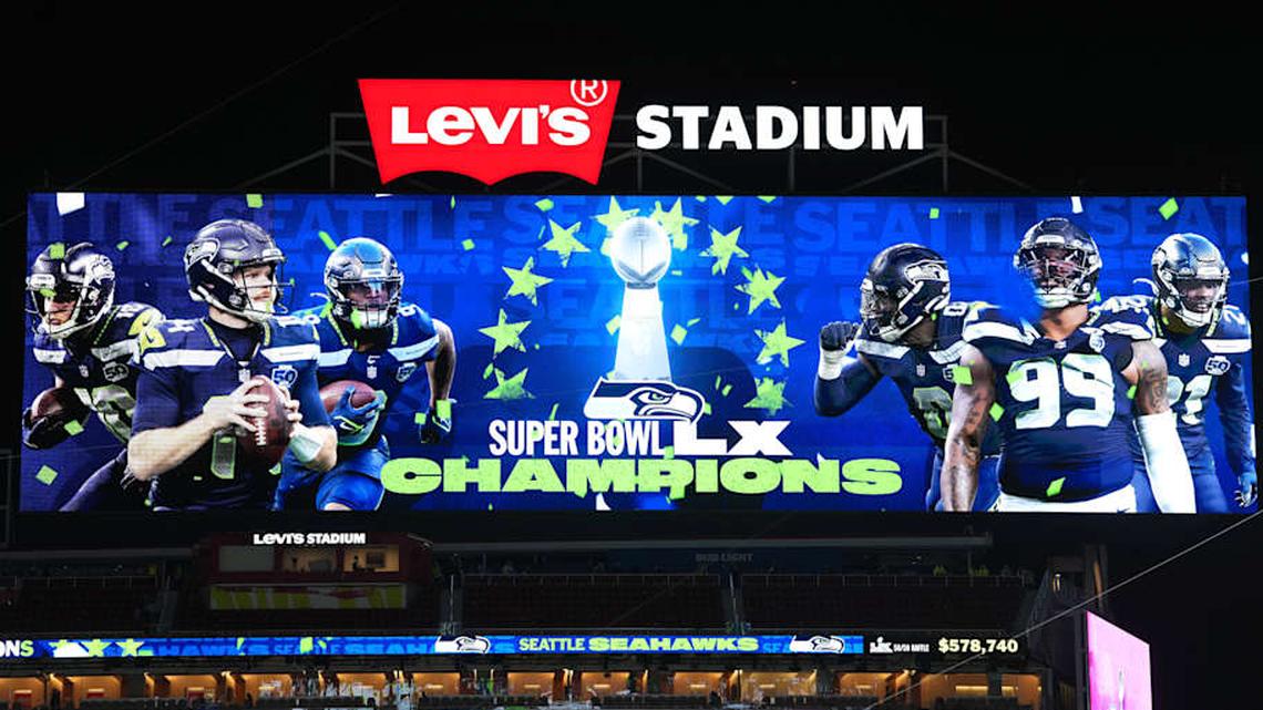  Feb 8, 2026; Santa Clara, CA, USA; The video board after the Seattle Seahawks 29-13 victory over the New England Patriots in Super Bowl LX at Levi's Stadium. Mandatory Credit: Kirby Lee-Imagn Images | Kirby Lee-Imagn Images 