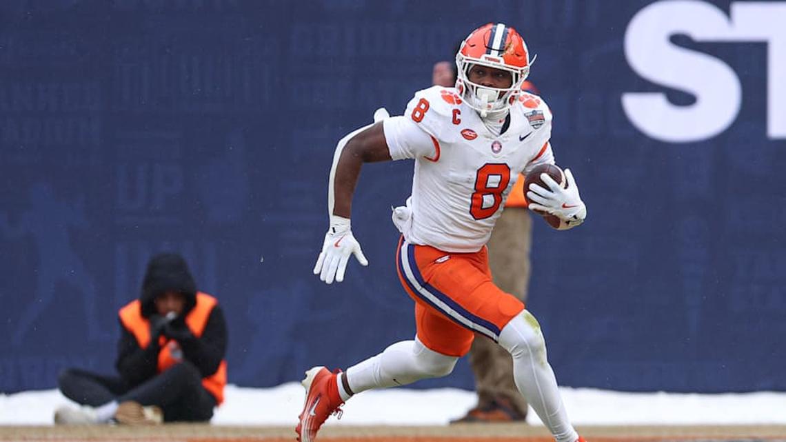  Dec 27, 2025; Bronx, NY, USA; Clemson Tigers running back Adam Randall (8) gains yards after catch during the first half of the 2025 Pinstripe Bowl against the Penn State Nittany Lions at Yankee Stadium. Mandatory Credit: Vincent Carchietta-Imagn Images | Vincent Carchietta-Imagn Images 