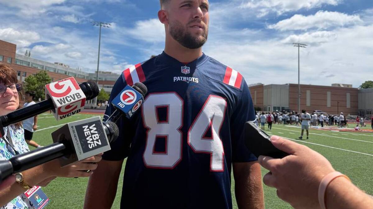 New England Patriots tight end Tanner Arkin speaks to reporters after the team took part in Newton's Juneteenth football clinic. | Ethan Hurwitz / Patriots On SI 