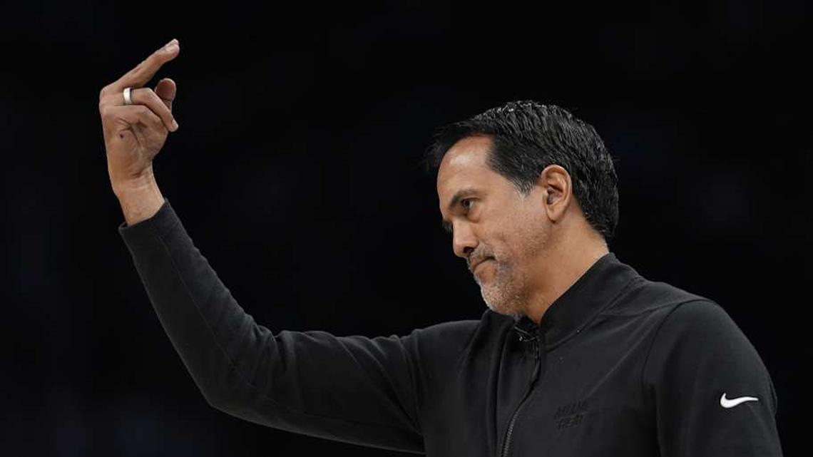  Apr 14, 2026; Charlotte, North Carolina, USA; Miami Heat Head Coach Erik Spoelstra motions to his team during the first quarter during the play-in rounds between the Charlotte Hornets and the Miami Heat of the 2026 NBA Playoffs at Spectrum Center. Mandatory Credit: Jim Dedmon-Imagn Images | Jim Dedmon-Imagn Images 