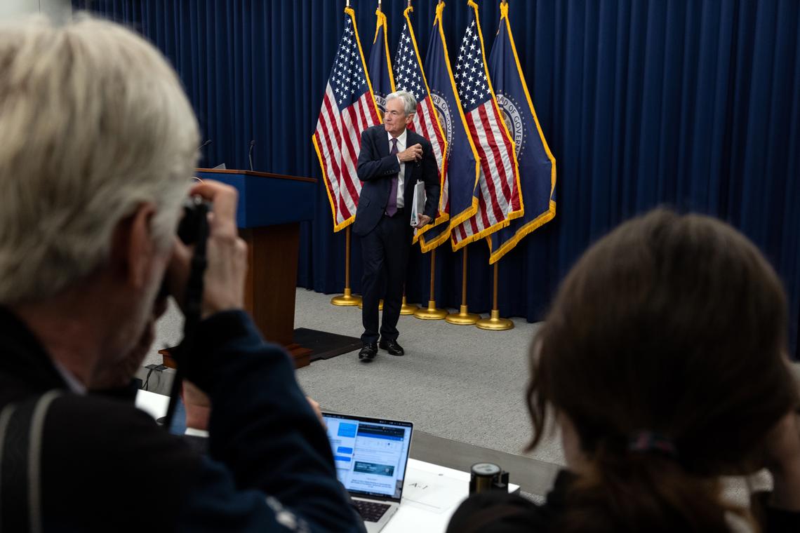 Jerome Powell, the Federal Reserve chairman, turns to leave after speaking at a news conference at the Federal Reserve in Washington, on Wednesday, April 29, 2026. Powell, whose term as chair expires next month, said he would stay on as a governor "for a period of time." (Anna Rose Layden/The New York Times)