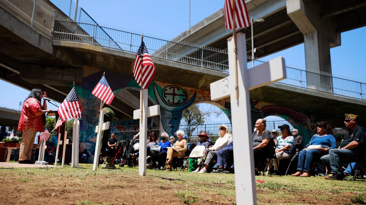 SAN DIEGO, CA – MAY 31: Servicemen were honored at the Logan Heights Veterans Memorial Day Ceremony at the Veterans Monument at Chicano Park on Monday, May 31, 2021 in San Diego, CA. Among those honored was Rudy Martinez, the first Mexican American Serviceman killed in WWII on December 7, 1941. (K.C. Alfred / The San Diego Union-Tribune)