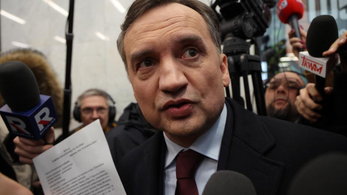 Member of the Law and Justice (PiS) party and former Poland's Justice Minister Zbigniew Ziobro reacts after he was detained by police at the polish TV Republika station's headquarters to be brought to testify before the Pegasus Investigation Committee, in Warsaw, Poland January 31, 2025. Agencja Wyborcza.pl/Robert Kowalewski/via REUTERS