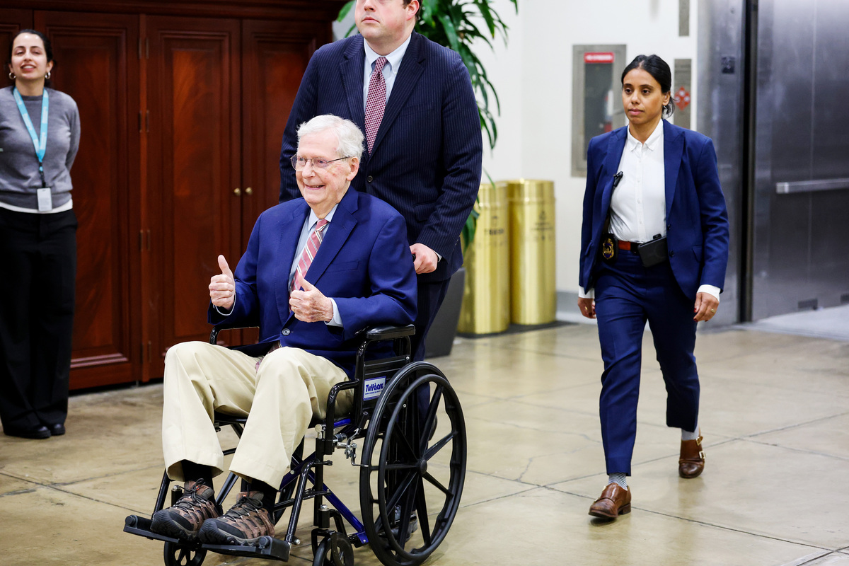  Senator Mitch McConnell departs through the Senate subway of the U.S. Capitol during a vote on March 4, 2026, in Washington, D.C. 