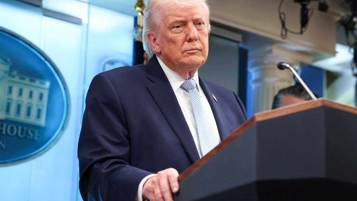 U.S. President Donald Trump speaks during a news conference in James S. Brady Press Briefing Room of the White House on April 06, 2026 in Washington, DC. (Photo by Anna Moneymaker/Getty Images)