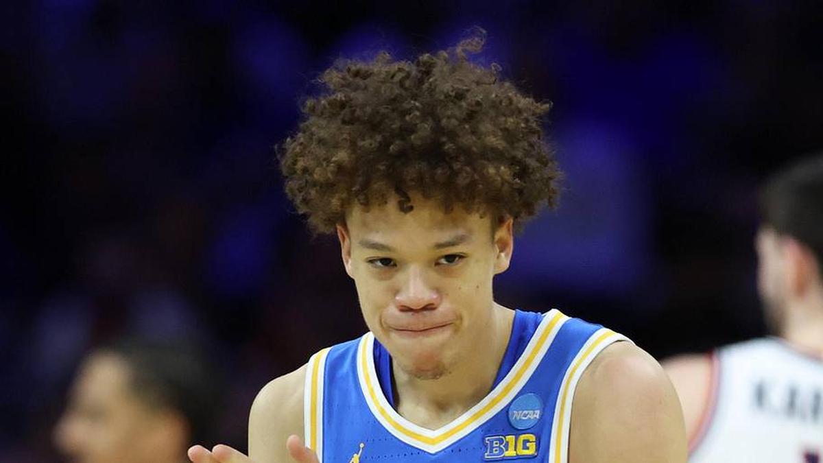  Mar 22, 2026; Philadelphia, PA, USA; UCLA Bruins guard Trent Perry (0) reacts against the UConn Huskies in the first half during a second round game of the men's 2026 NCAA Tournament at Xfinity Mobile Arena. Mandatory Credit: Bill Streicher-Imagn Images | Bill Streicher-Imagn Images 