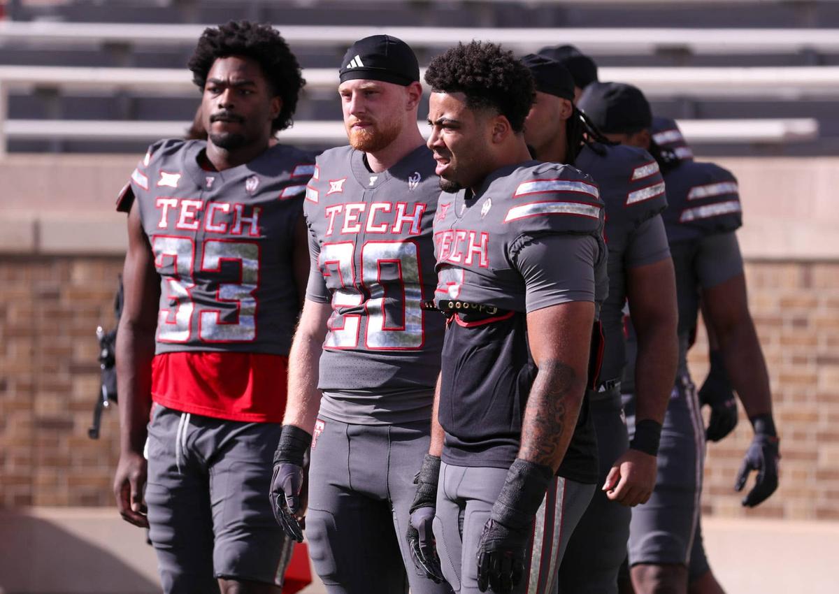  Trey White (2), Adam Trick (20) and Ansel Nedore look on before the Texas Tech football team's spring game, Friday, April 17, 2026, at Jones AT&T Stadium. © Nathan Giese/Avalanche-Journal / USA TODAY NETWORK via Imagn Images