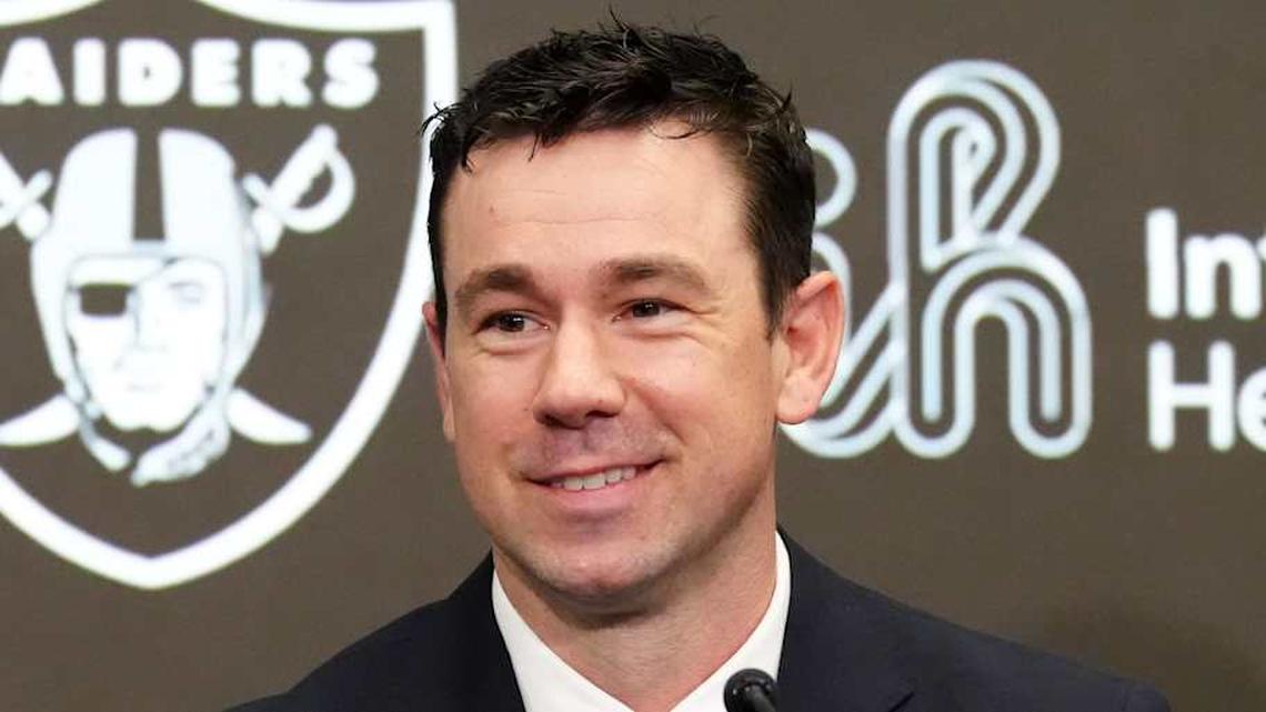  Feb 10, 2026; Henderson, NV, USA; Las Vegas Raiders coach Klint Kubiak speaks at introductory press conference at Intermountain Health Performance Center. Mandatory Credit: Kirby Lee-Imagn Images | Kirby Lee-Imagn Images 