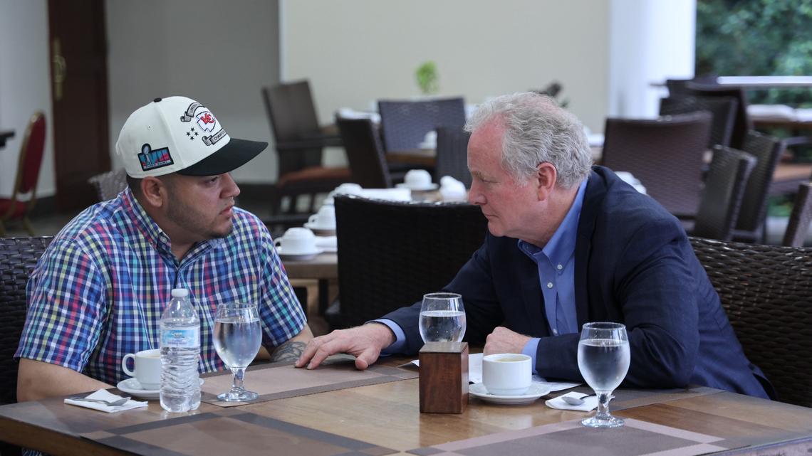 In this photo provided by Sen. Chris Van Hollen’s Office, the Democratic senator from Maryland meets with Kilmar Armando Abrego Garcia at an undisclosed location on April 17 in El Salvador. Abrego Garcia, a Maryland resident, was illegally deported by the Trump administration and has been held in prison in El Salvador since March 15.