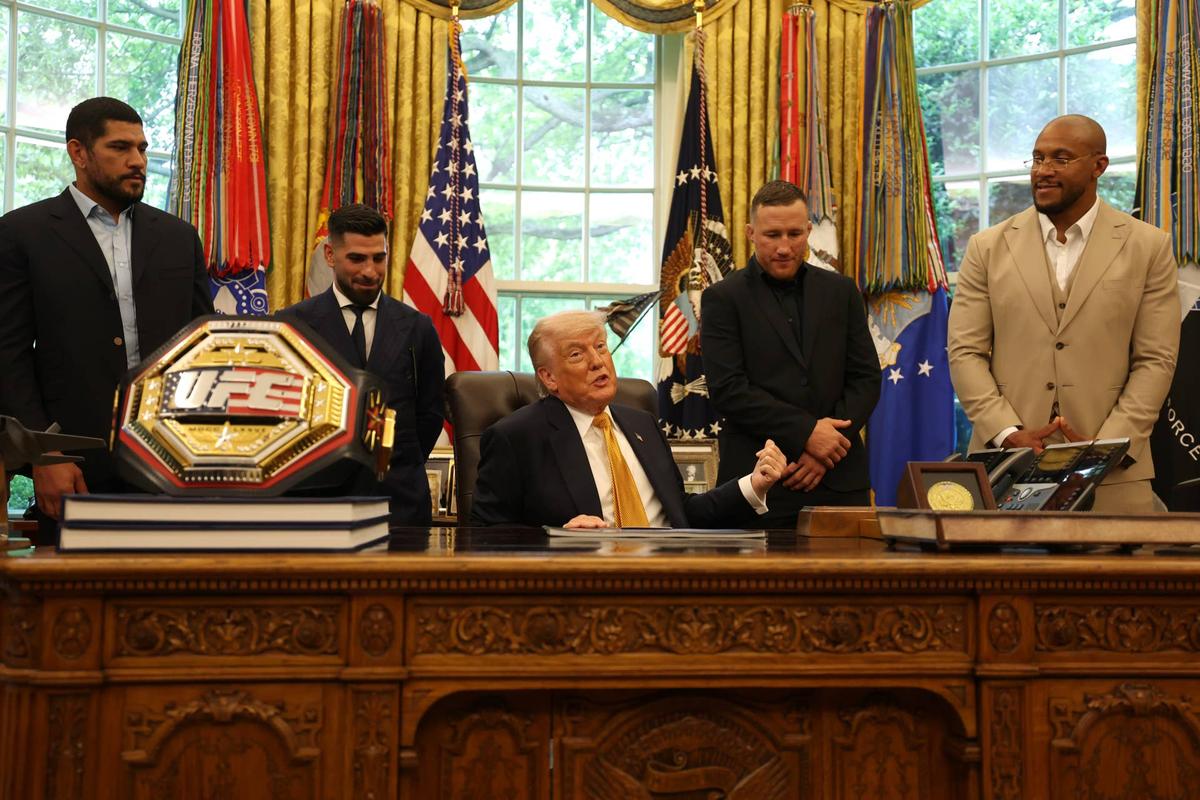  President Donald Trump speaks to reporters in the Oval Office alongside UFC Freedom 250 fighters Ilia Topuria, Alex Pereira, Justin Gaethje, and Ciryl Gane at the White House Scott Taetsch/Zuffa LLC-GettyImages