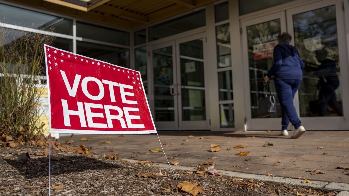 A "vote here" sign is seen on Election Day in 2025. Senate candidate Graham Platner said he is "taking time to reflect on the best path forward" Tuesday after a Maine woman said he sexually assaulted her in 2021. File Photo by Bonnie Cash/UPI