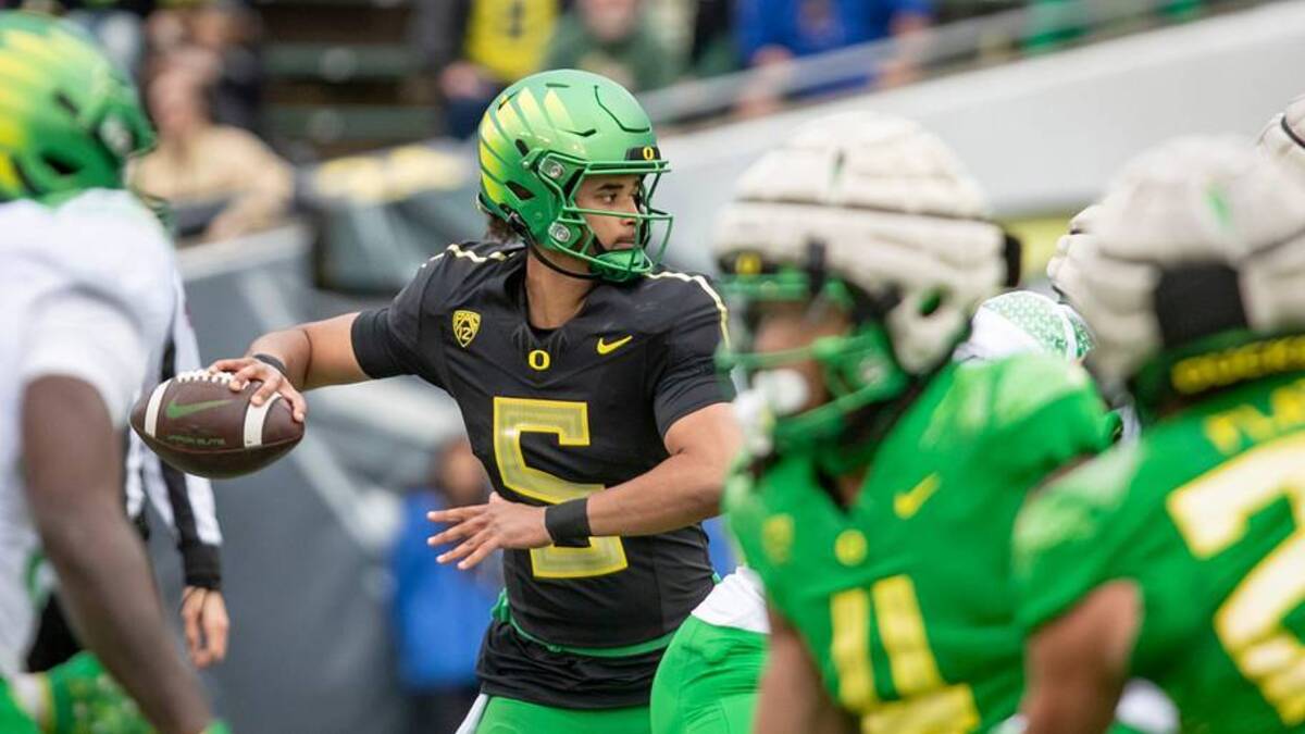  Oregon quarterback Dante Moore during the Oregon Ducks' Spring Game Saturday, April 27. 2024 at Autzen Stadium in Eugene, Ore. | USA TODAY Network via Reuters Connect 