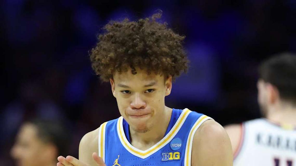  Mar 22, 2026; Philadelphia, PA, USA; UCLA Bruins guard Trent Perry (0) reacts against the UConn Huskies in the first half during a second round game of the men's 2026 NCAA Tournament at Xfinity Mobile Arena. Mandatory Credit: Bill Streicher-Imagn Images | Bill Streicher-Imagn Images 