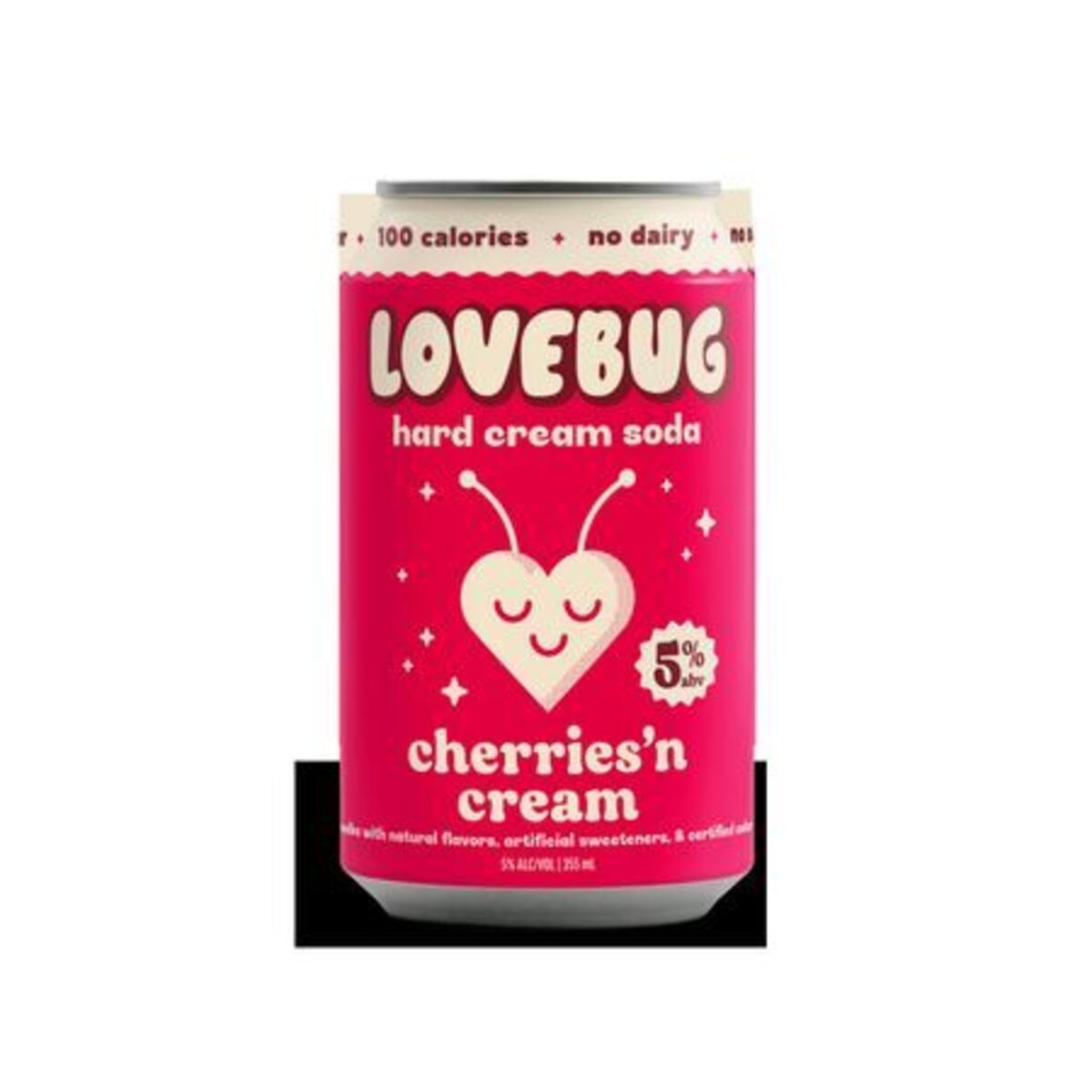 Sazerac's Lovebug Hard Cream Soda in Cherries 'n Cream. The drink also comes in flavors such as Vanilla 'n Cream, Cola 'n Cream, and Peaches 'n Cream.